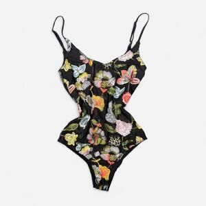 Black Floral Embroidered Sheer Mesh Bodysuit